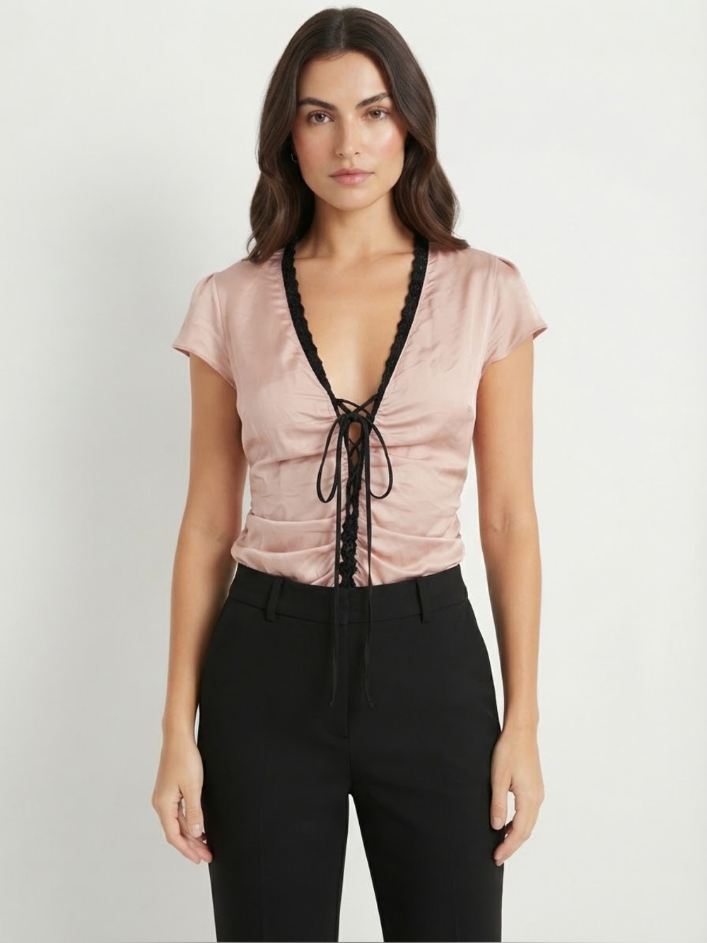 Vintage Express Silk Corset-Style Lace-Up Ruched Top in Blush Pink Size 7/8